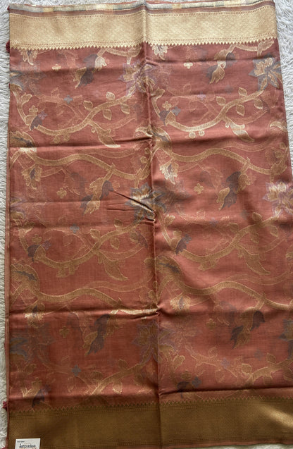 Semi Raw Silk Saree Peach Colored Exquisite with a Zari Border. - Sampradaya Designer Studio