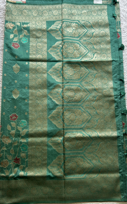 Semi Raw Silk Saree Rama Green Colored Exquisite with a Zari Border. - Sampradaya Designer Studio