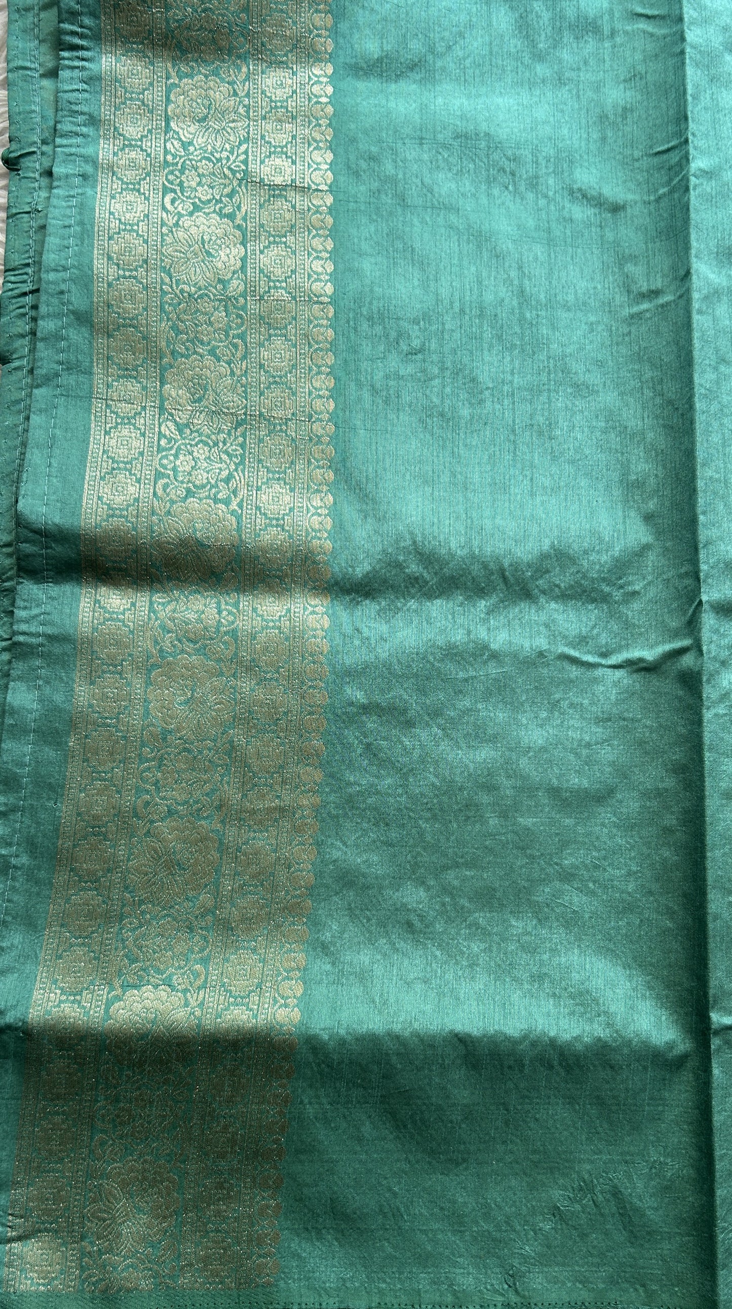 Semi Raw Silk Saree Rama Green Colored Exquisite with a Zari Border. - Sampradaya Designer Studio