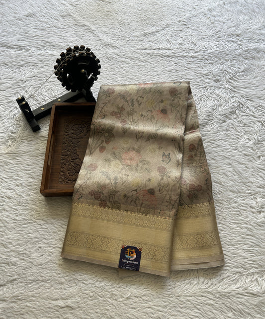 Tissue Organza Floral Saree Light Soft Coral Colored Elegantly Paired with a Zari Border. - Sampradaya Designer Studio