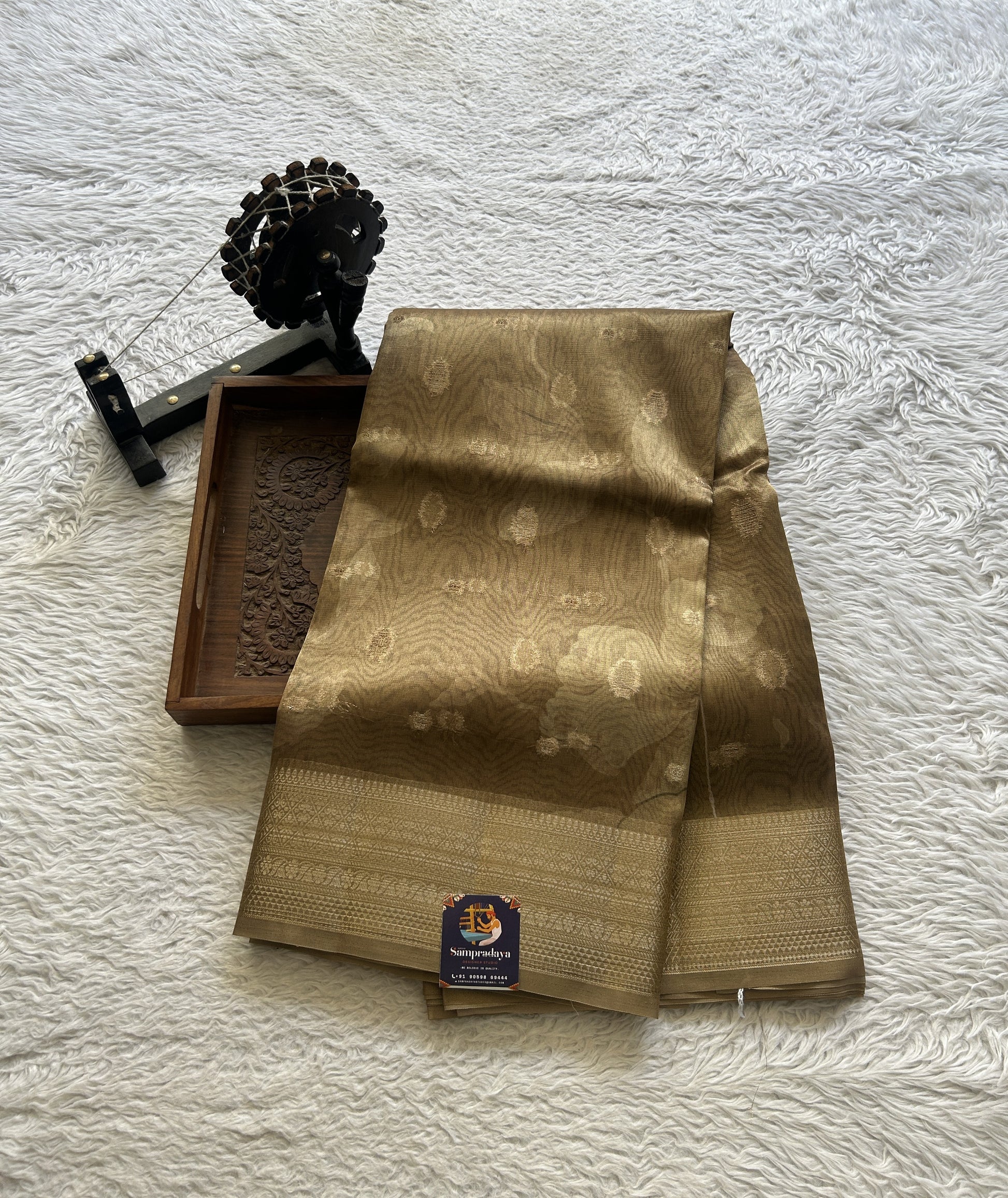 Tissue Organza Saree Light Brown Colored Elegantly Paired with a Zari Border. - Sampradaya Designer Studio