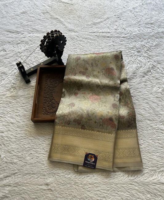 Tissue Organza Saree Ash Colored Elegantly Paired with a Zari Border. - Sampradaya Designer Studio