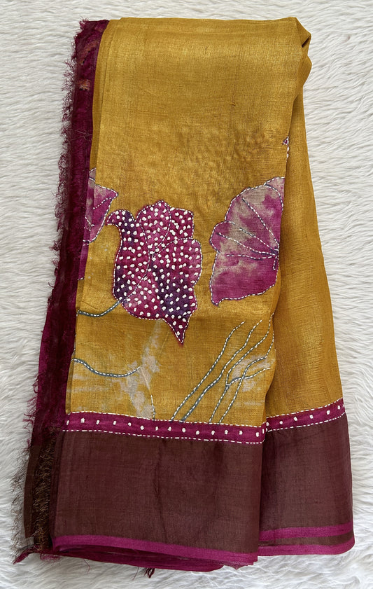 Tussar Silk Saree Yellow colored complemented with a Dark Pink Color Zari border. - Sampradaya Designer Studio