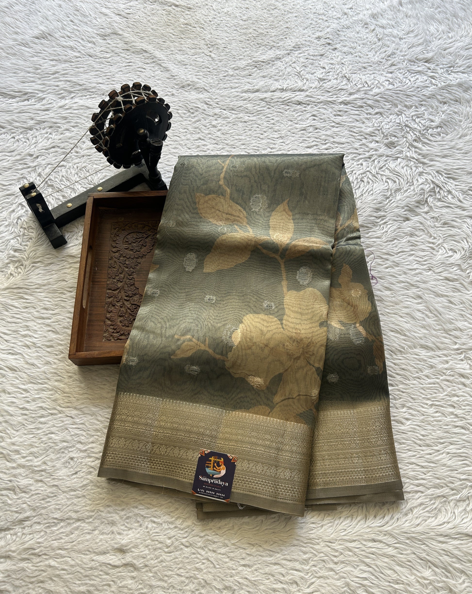 Tissue Organza Saree Elephant Gray Colored Elegantly Paired with a Zari Border. - Sampradaya Designer Studio