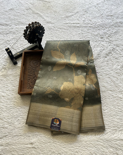 Tissue Organza Saree Elephant Gray Colored Elegantly Paired with a Zari Border. - Sampradaya Designer Studio