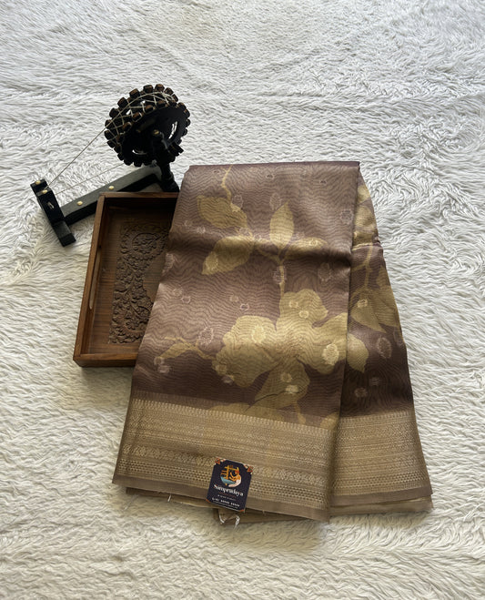 Tissue Organza Saree Brown Colored Elegantly Paired with a Zari Border. - Sampradaya Designer Studio
