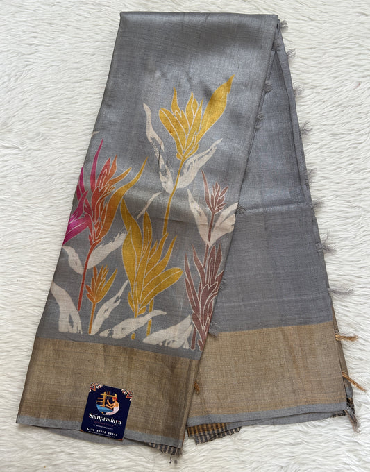 Tussar Silk Saree Gray colored complemented with a Gold Zari border. - Sampradaya Designer Studio