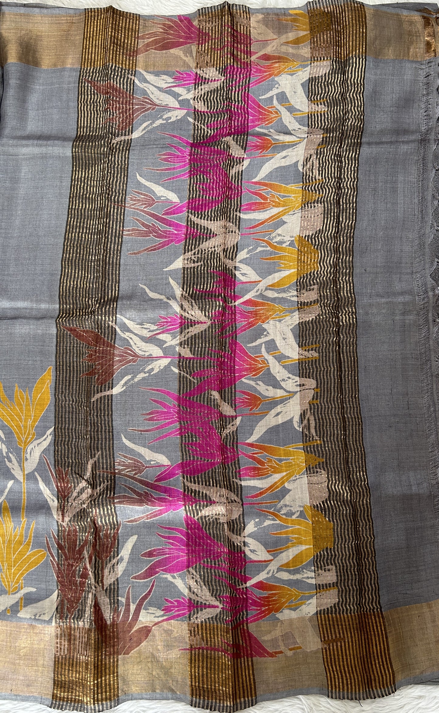 Tussar Silk Saree Gray colored complemented with a Gold Zari border. - Sampradaya Designer Studio