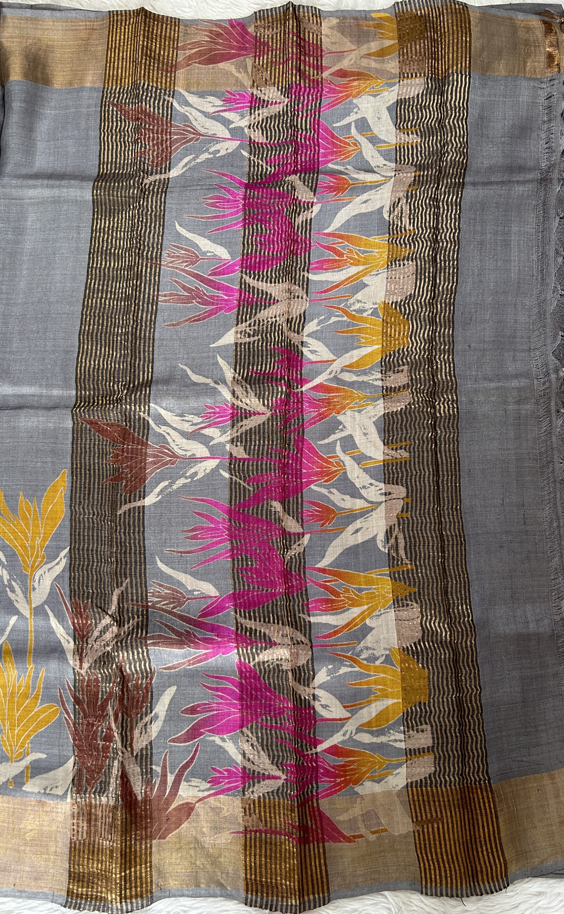 Tussar Silk Saree Gray colored complemented with a Gold Zari border. - Sampradaya Designer Studio