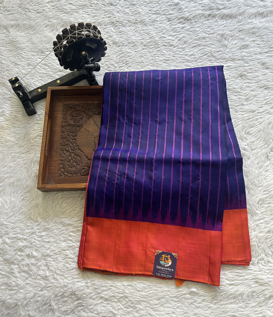 Gadwal Pattu Saree Ink Blue Colored Complemented With a Orange Color Plain Border - Sampradaya Designer Studio