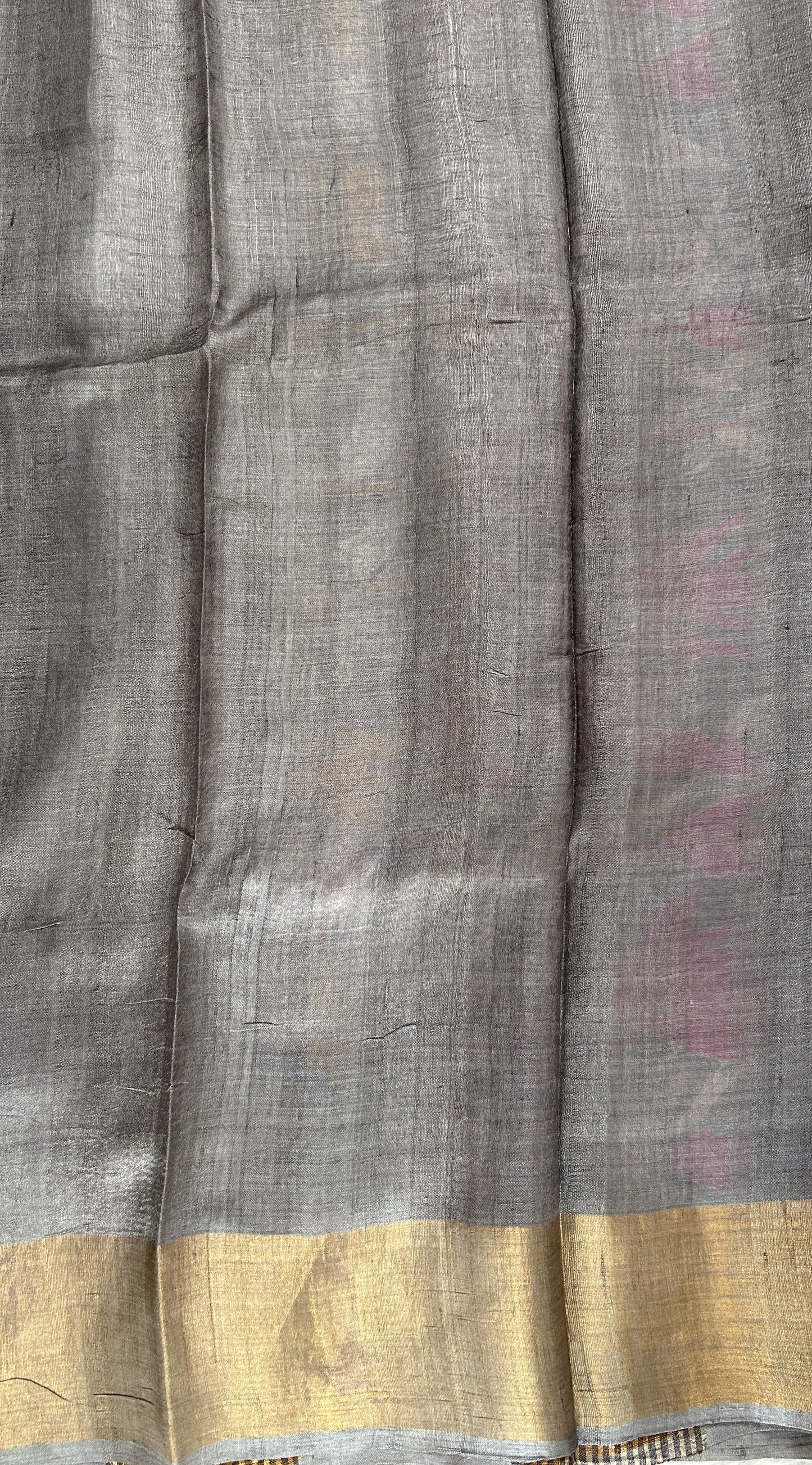 Tussar Silk Saree Gray colored complemented with a Gold Zari border. - Sampradaya Designer Studio