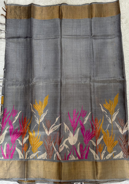 Tussar Silk Saree Gray colored complemented with a Gold Zari border. - Sampradaya Designer Studio