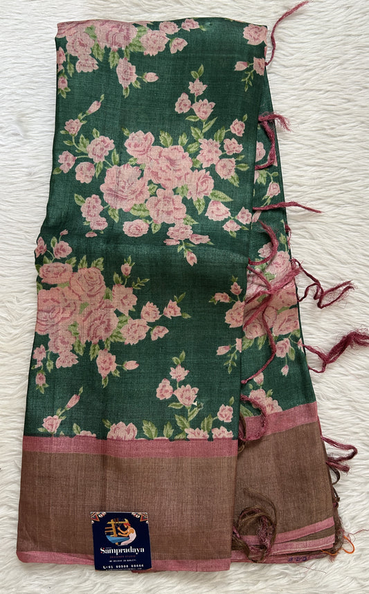 Tussar Silk Saree Bottle Green colored complemented with a Onion Pink Colored Zari border. - Sampradaya Designer Studio