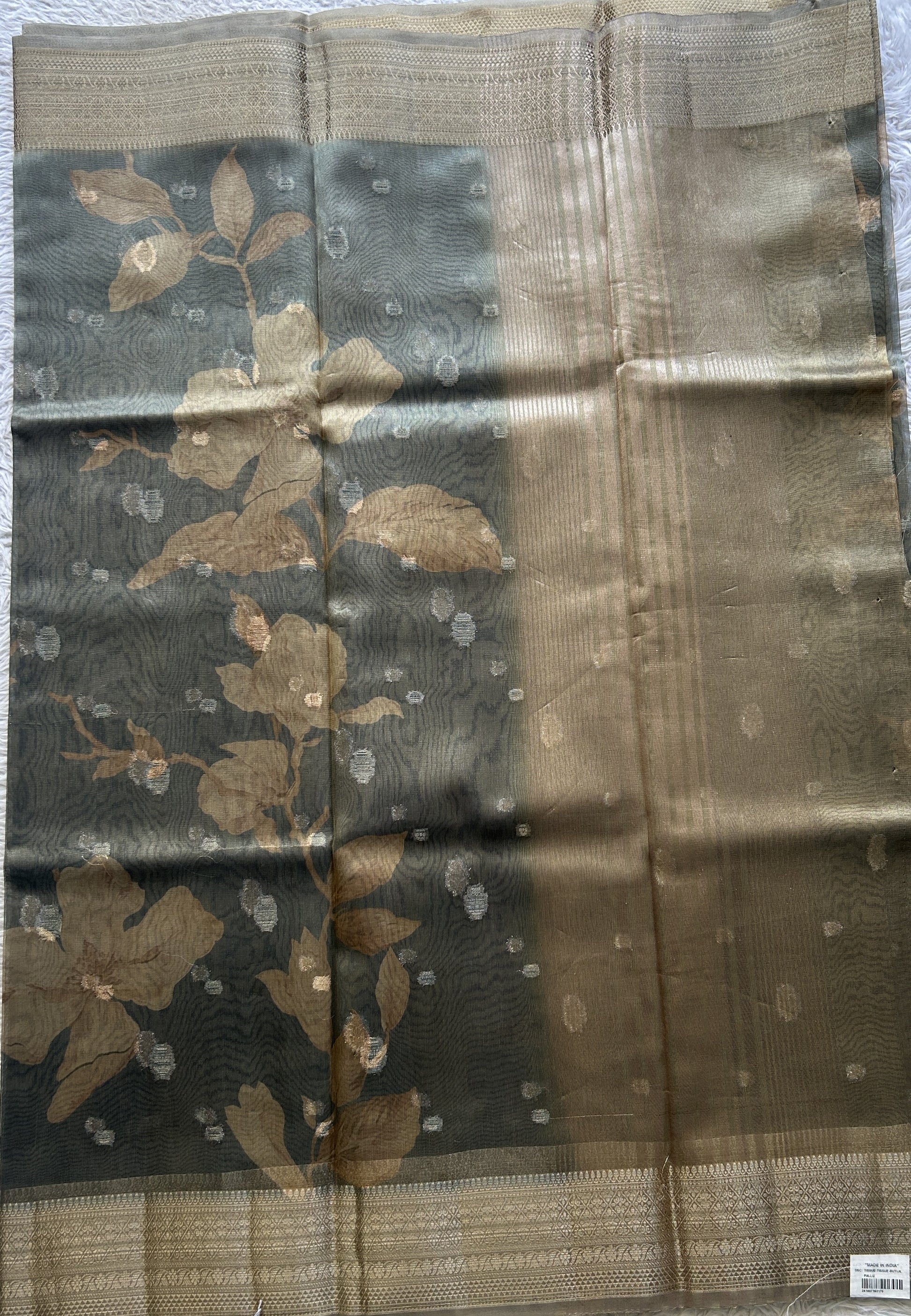 Tissue Organza Saree Elephant Gray Colored Elegantly Paired with a Zari Border. - Sampradaya Designer Studio