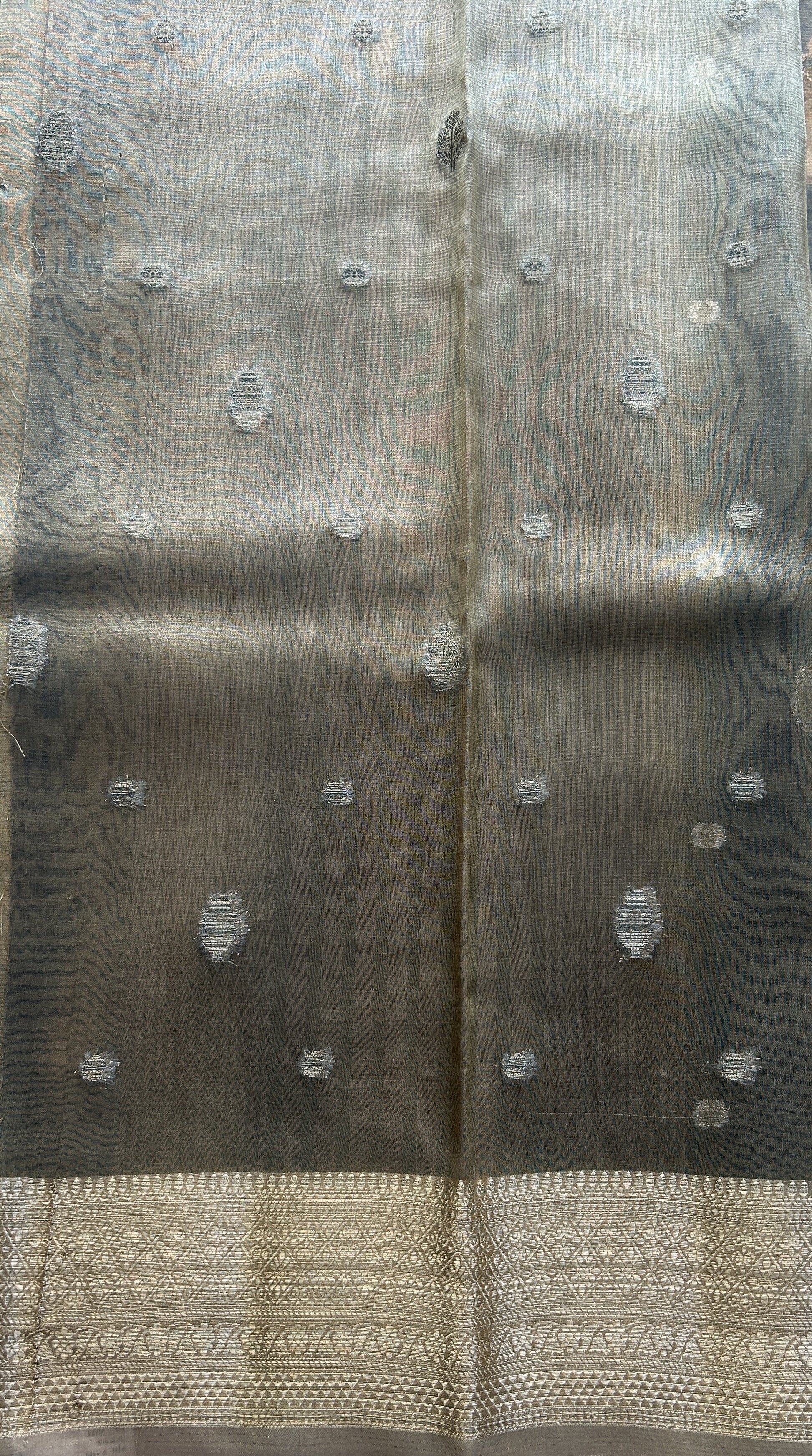 Tissue Organza Saree Elephant Gray Colored Elegantly Paired with a Zari Border. - Sampradaya Designer Studio