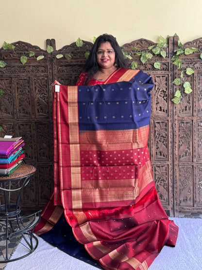 Pure Kanjivaram Silk Saree Inky Blue Colored Elegantly Paid with a Gold Zari Border