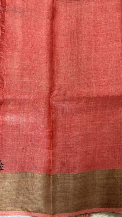 Tussar Silk Saree Peach colored saree complemented with a Copper Zari border. - Sampradaya Designer Studio