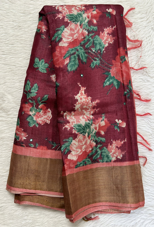 Tussar Silk Saree Magenta colored saree complemented with a Pink Colored Copper Zari border. - Sampradaya Designer Studio