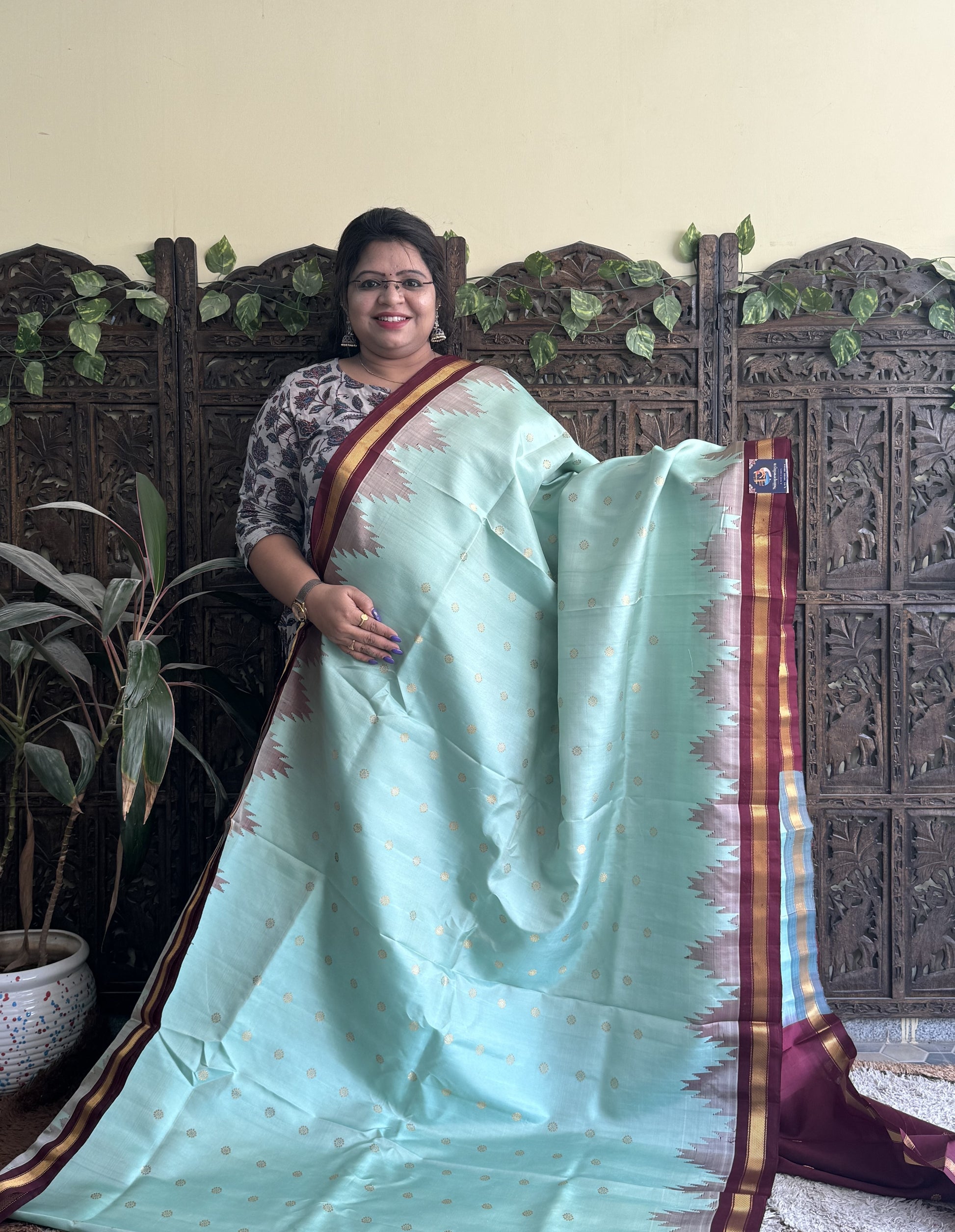 Gadwal Silk Saree Sea Green Colored Complemented With a Brown Zari Border - Sampradaya Designer Studio