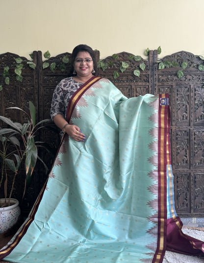 Gadwal Silk Saree Sea Green Colored Complemented With a Brown Zari Border - Sampradaya Designer Studio