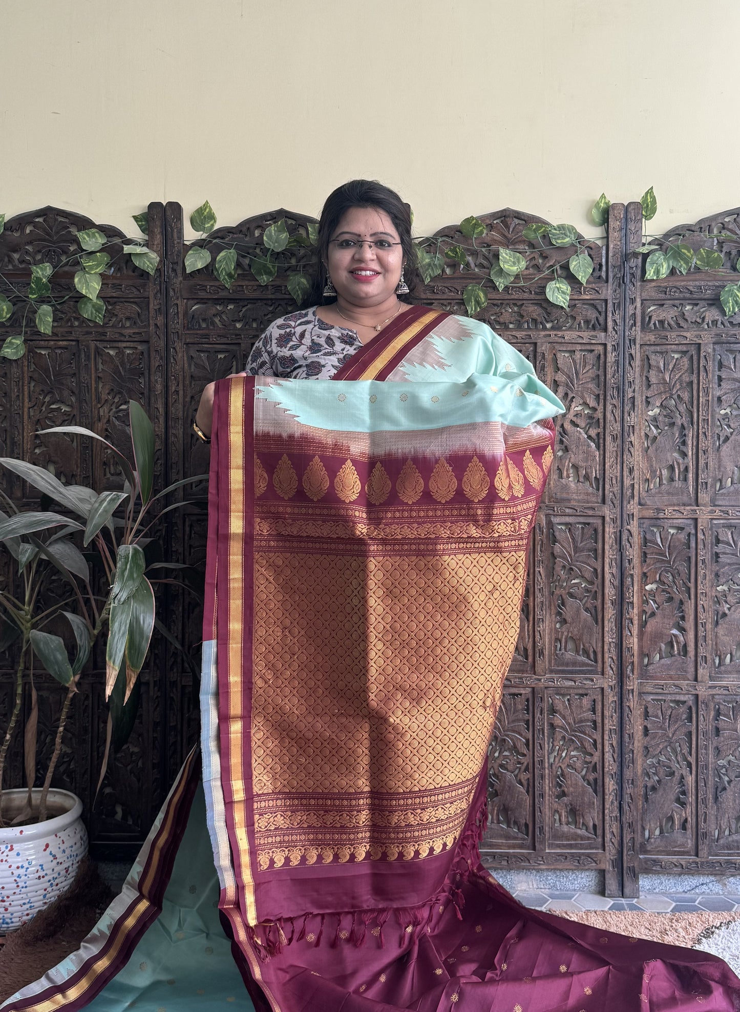 Gadwal Silk Saree Sea Green Colored Complemented With a Brown Zari Border - Sampradaya Designer Studio