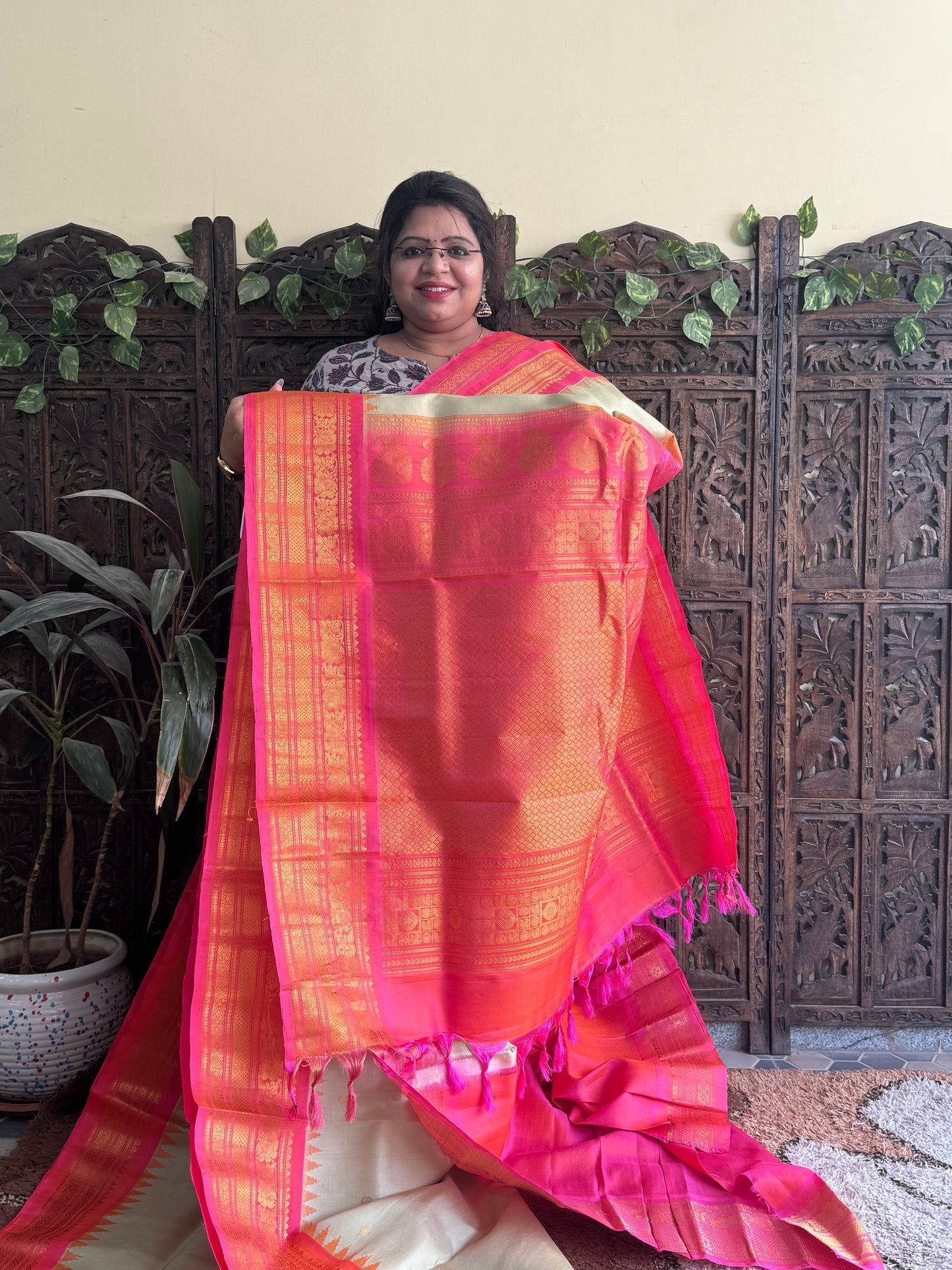 Gadwal Silk Saree Cream Colored Complemented With a Pink Zari Border - Sampradaya Designer Studio