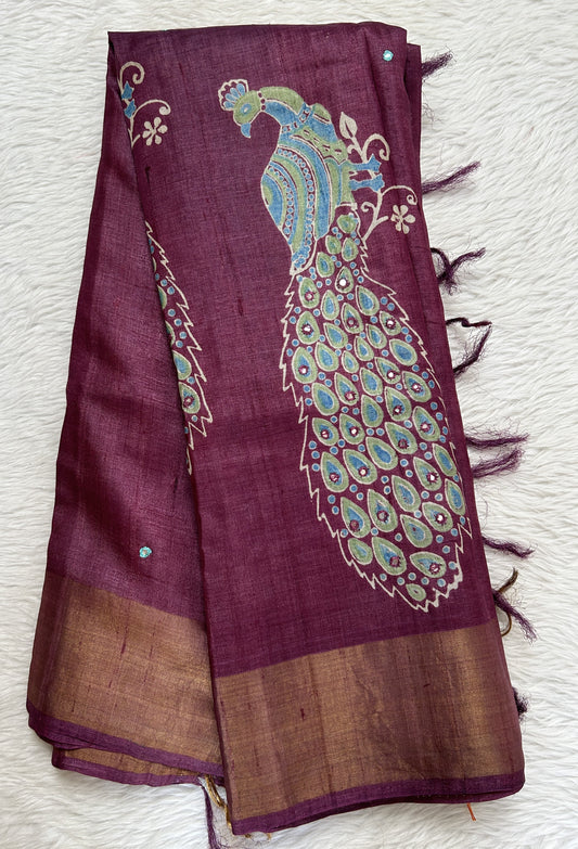 Tussar Silk Saree Burgundy colored saree complemented with a Copper Zari border. - Sampradaya Designer Studio