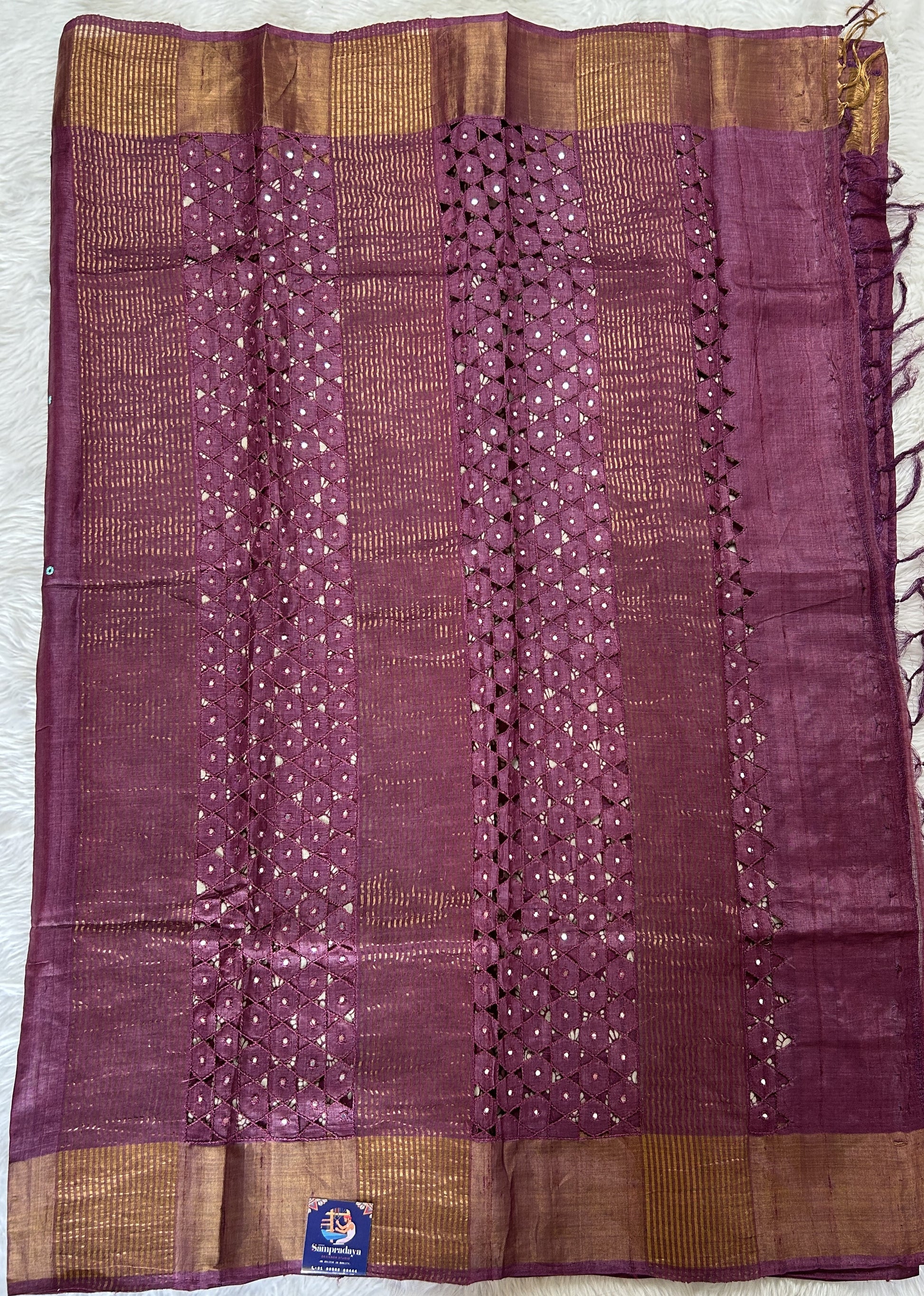 Tussar Silk Saree Burgundy colored saree complemented with a Copper Zari border. - Sampradaya Designer Studio