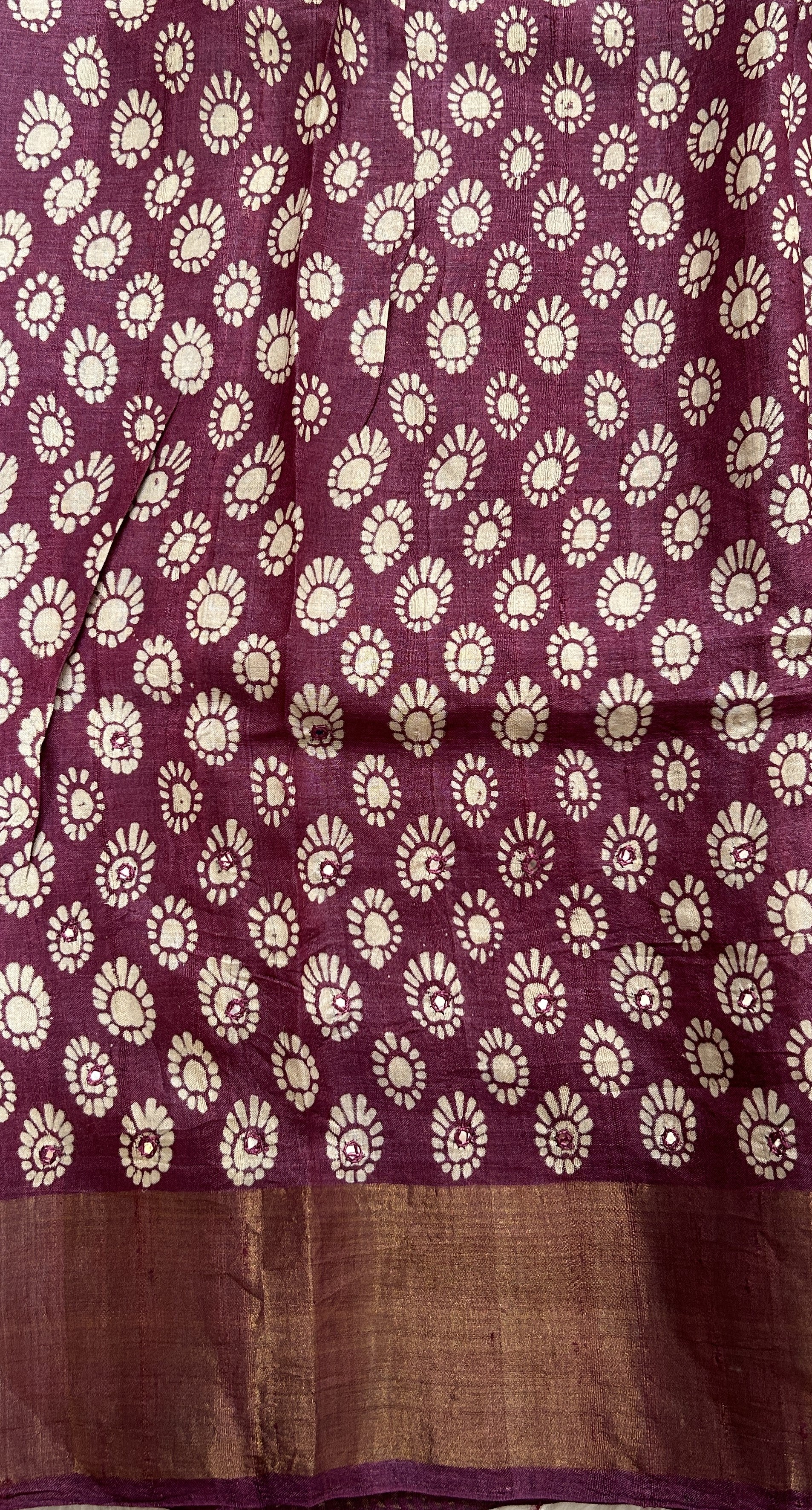 Tussar Silk Saree Burgundy colored saree complemented with a Copper Zari border. - Sampradaya Designer Studio