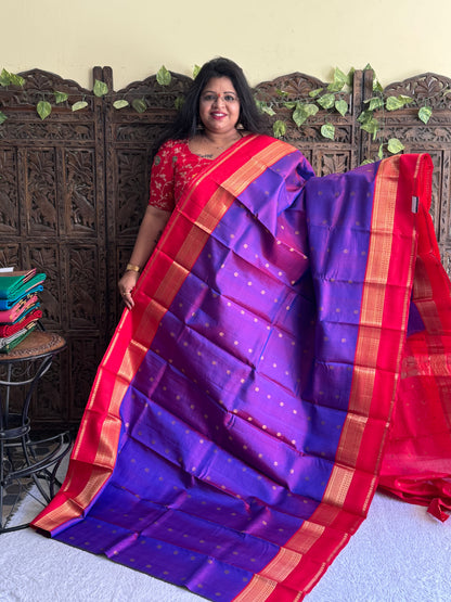 Pure Kanjivaram Silk Saree Electric Violet Colored Elegantly Paid with a Gold Zari Border