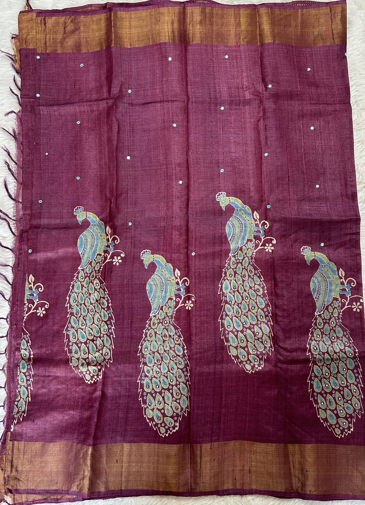 Tussar Silk Saree Burgundy colored saree complemented with a Copper Zari border. - Sampradaya Designer Studio