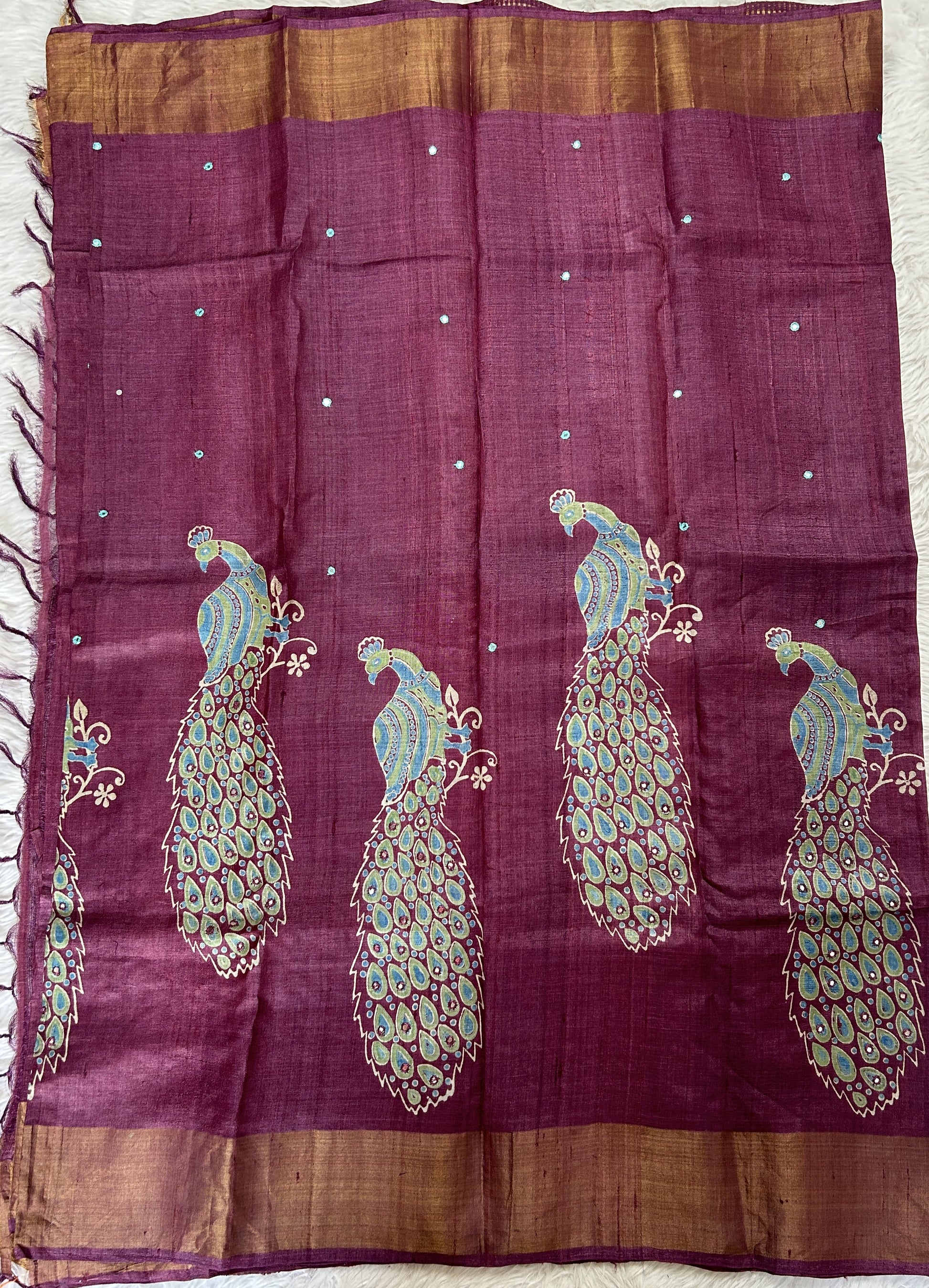 Tussar Silk Saree Burgundy colored saree complemented with a Copper Zari border. - Sampradaya Designer Studio
