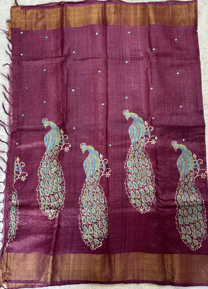 Tussar Silk Saree Burgundy colored saree complemented with a Copper Zari border. - Sampradaya Designer Studio