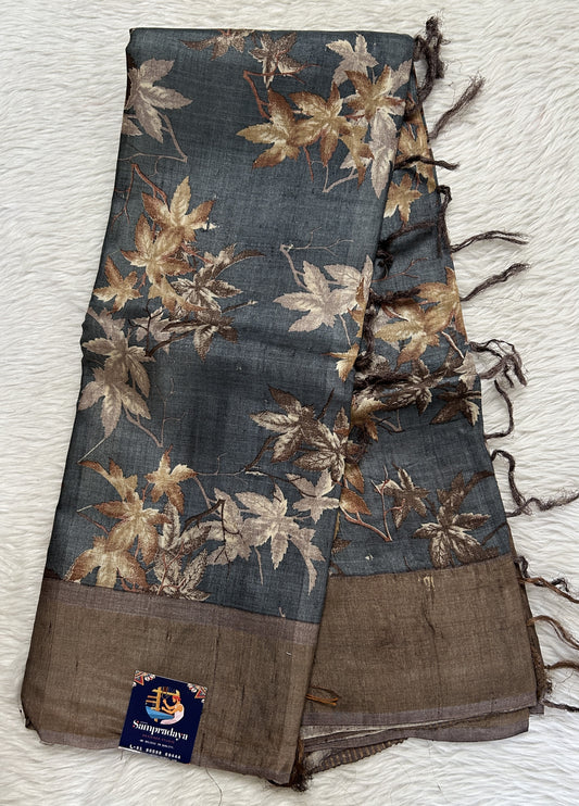 Tussar Silk Saree Gray colored saree complemented with a Copper Zari border. - Sampradaya Designer Studio