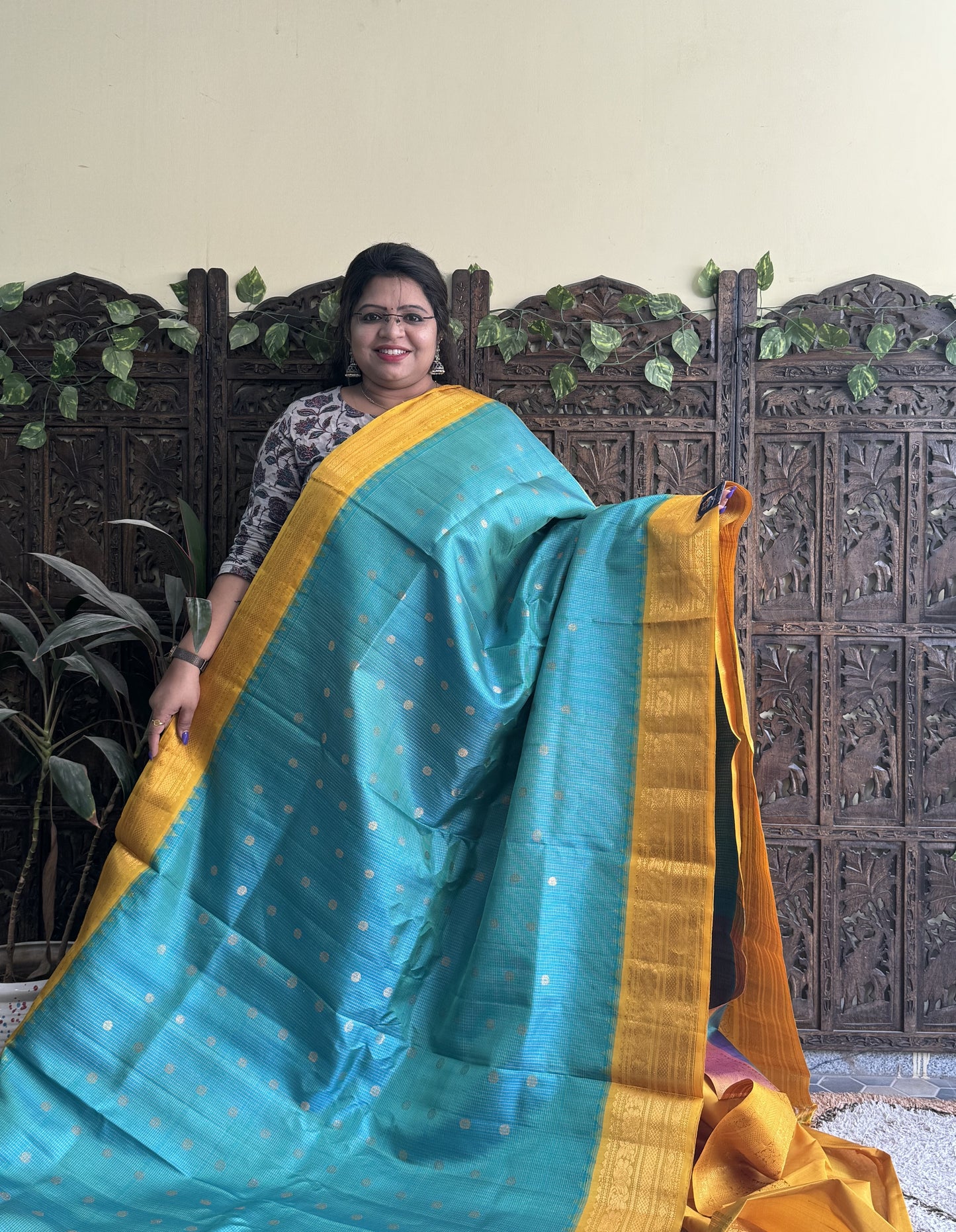 Gadwal Silk Saree Fern Colored Complemented With a Yellow Zari Border - Sampradaya Designer Studio
