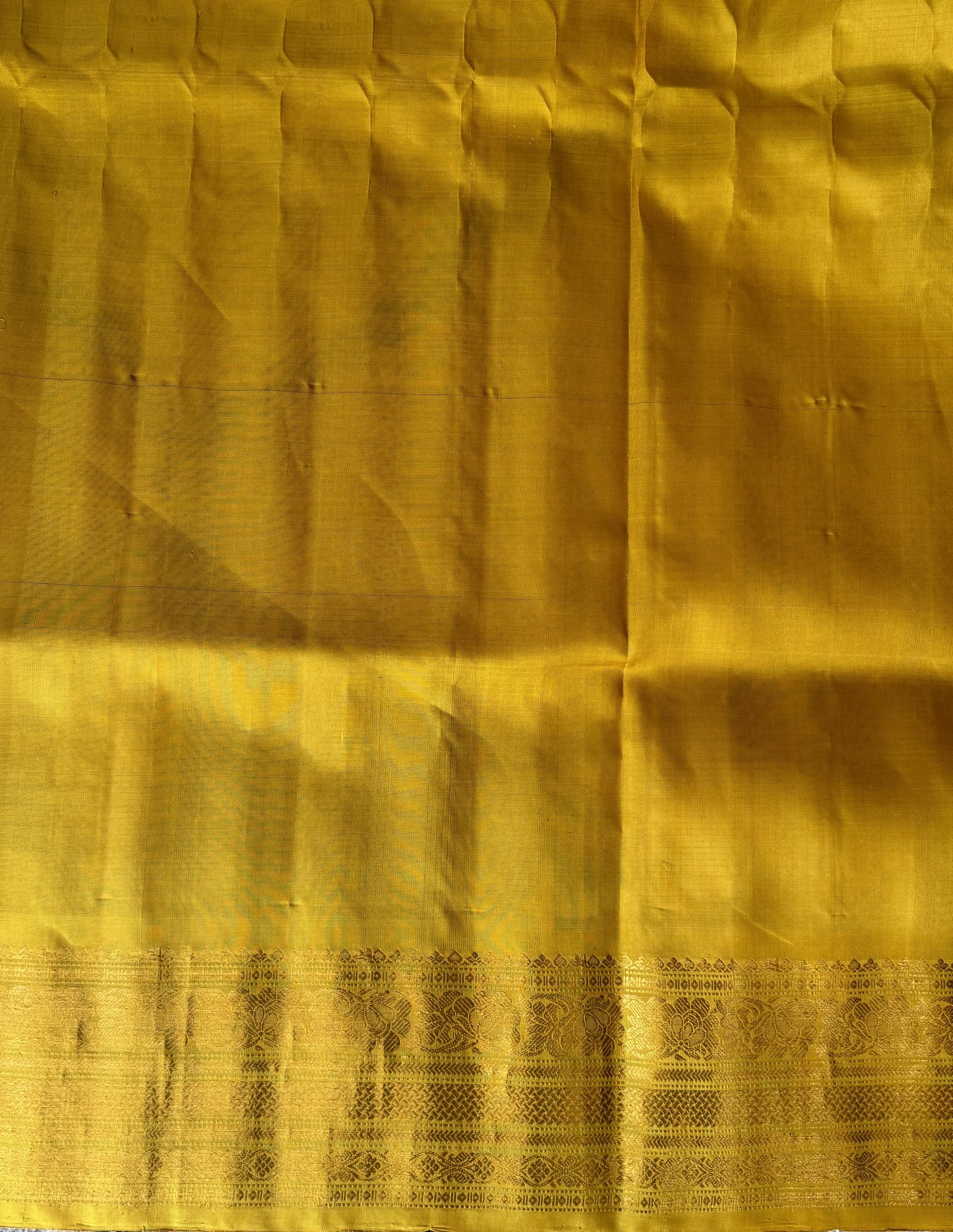 Gadwal Silk Saree Fern Colored Complemented With a Yellow Zari Border - Sampradaya Designer Studio