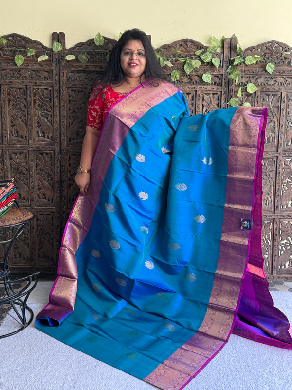 Pure Kanjivaram Silk Saree Bondi Blue Colored Elegantly Paid with a Gold Zari Border - Sampradaya Designer Studio