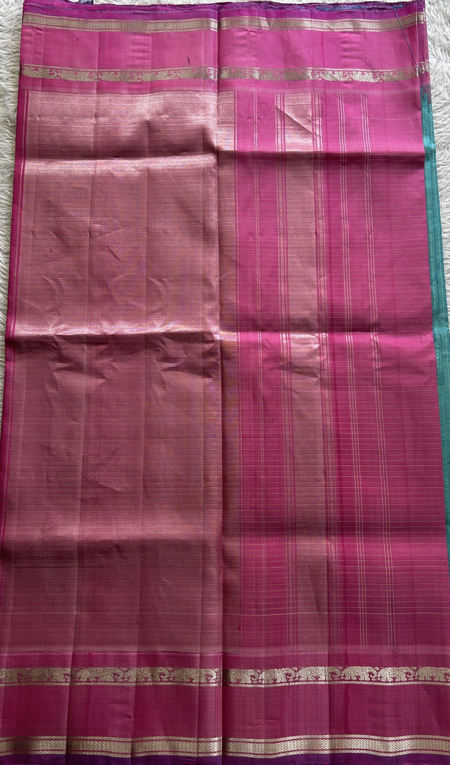 Gadwal Pattu Saree Sky Blue Colored Complemented With a Pink Color Zari Gap Border - Sampradaya Designer Studio