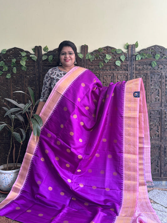 Gadwal Silk Saree Purple Colored Complemented With a Baby Pink Zari Border - Sampradaya Designer Studio