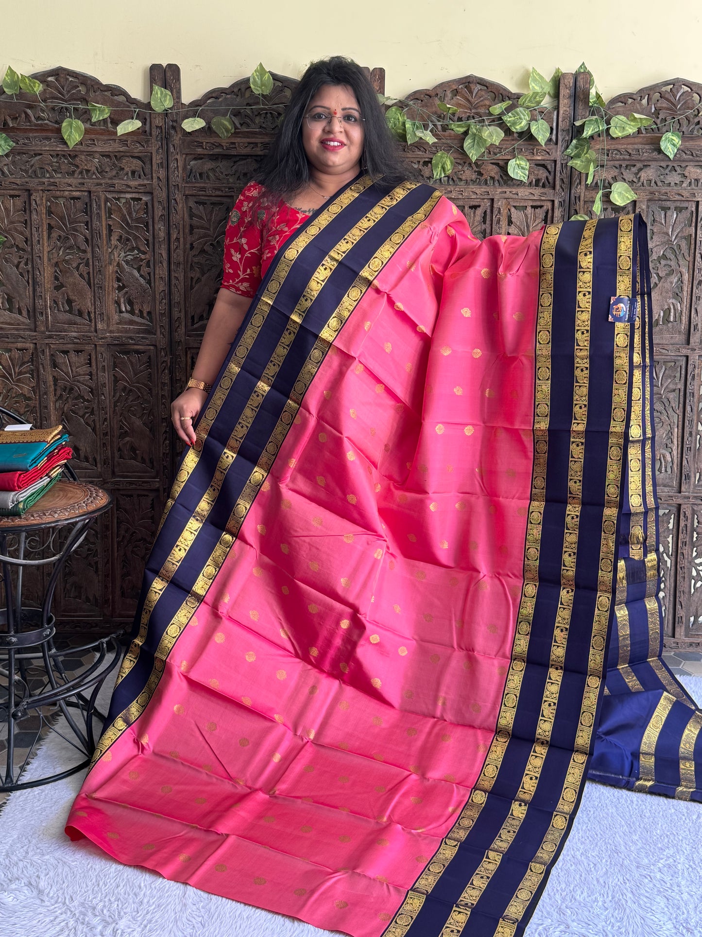 Pure Kanjivaram Silk Saree Light Bubblegum Pink Colored Elegantly Paid with a Gold Zari Border