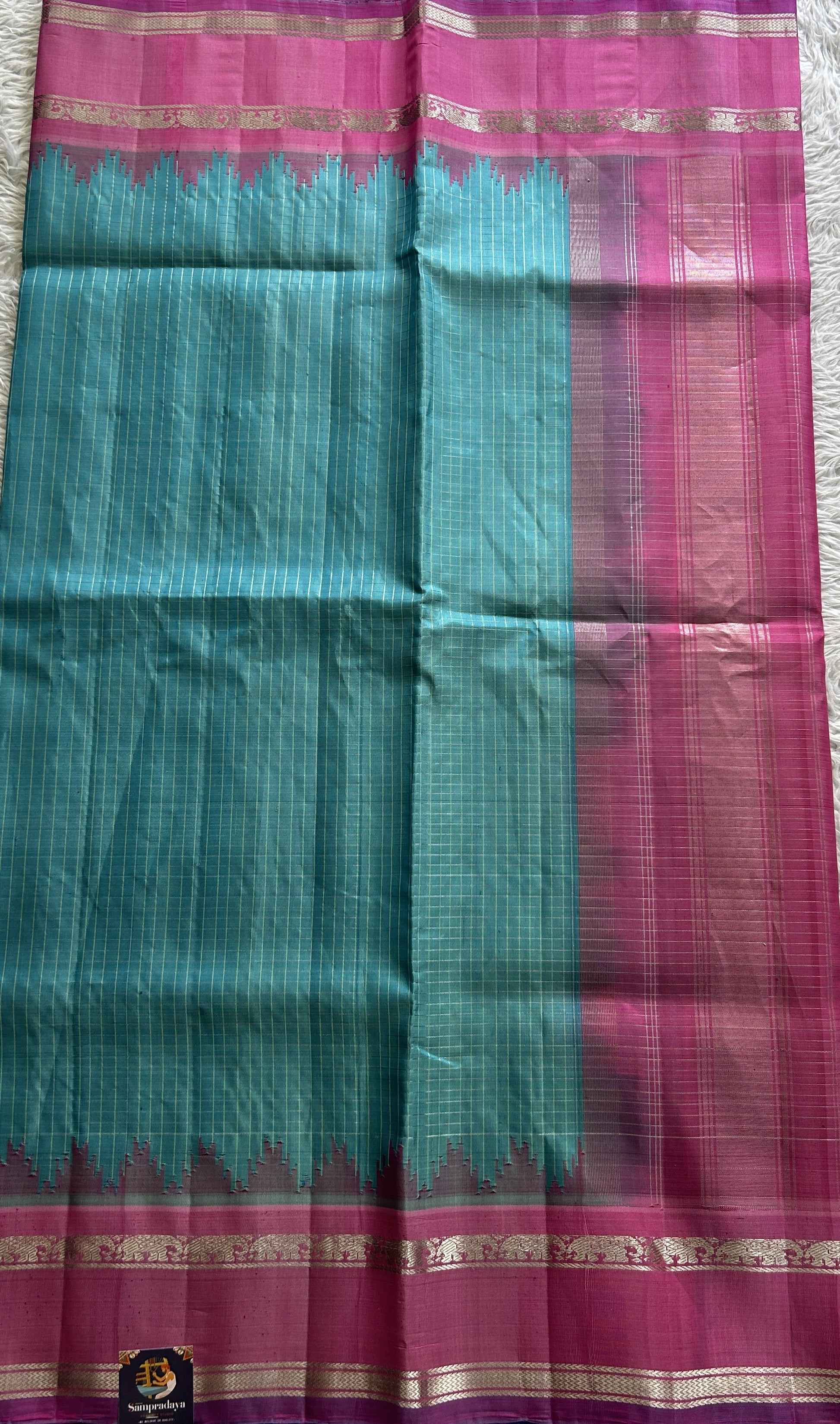 Gadwal Pattu Saree Sky Blue Colored Complemented With a Pink Color Zari Gap Border - Sampradaya Designer Studio