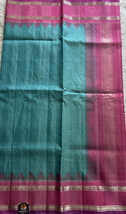 Gadwal Pattu Saree Sky Blue Colored Complemented With a Pink Color Zari Gap Border - Sampradaya Designer Studio