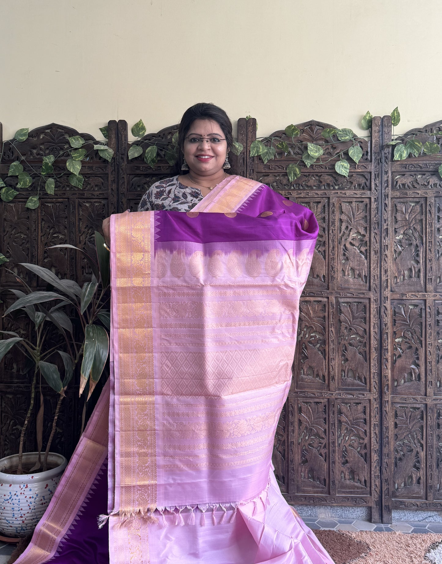 Gadwal Silk Saree Purple Colored Complemented With a Baby Pink Zari Border - Sampradaya Designer Studio