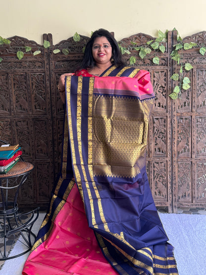 Pure Kanjivaram Silk Saree Light Bubblegum Pink Colored Elegantly Paid with a Gold Zari Border