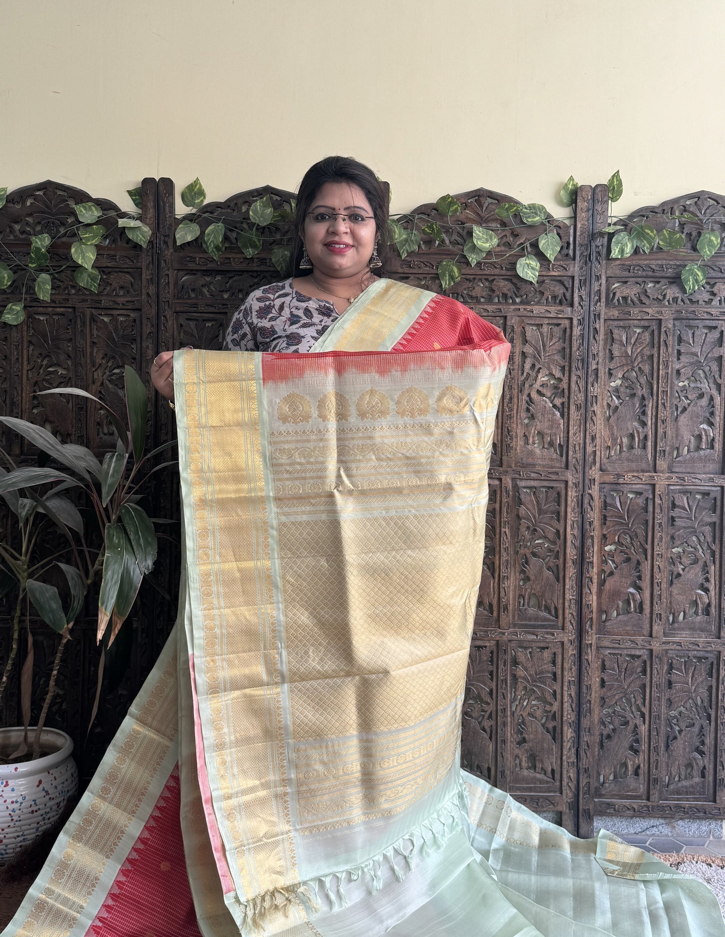 Gadwal Silk Saree Red Colored Complemented With a Sea Green Zari Border - Sampradaya Designer Studio