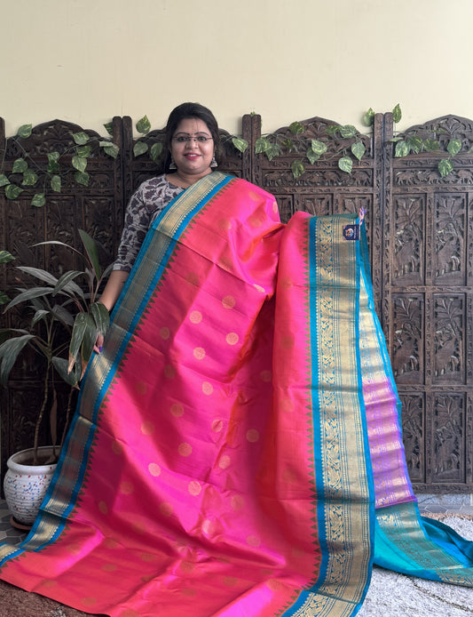 Gadwal Silk Saree Pink Colored Complemented With a Turquoise Blue Zari Border - Sampradaya Designer Studio
