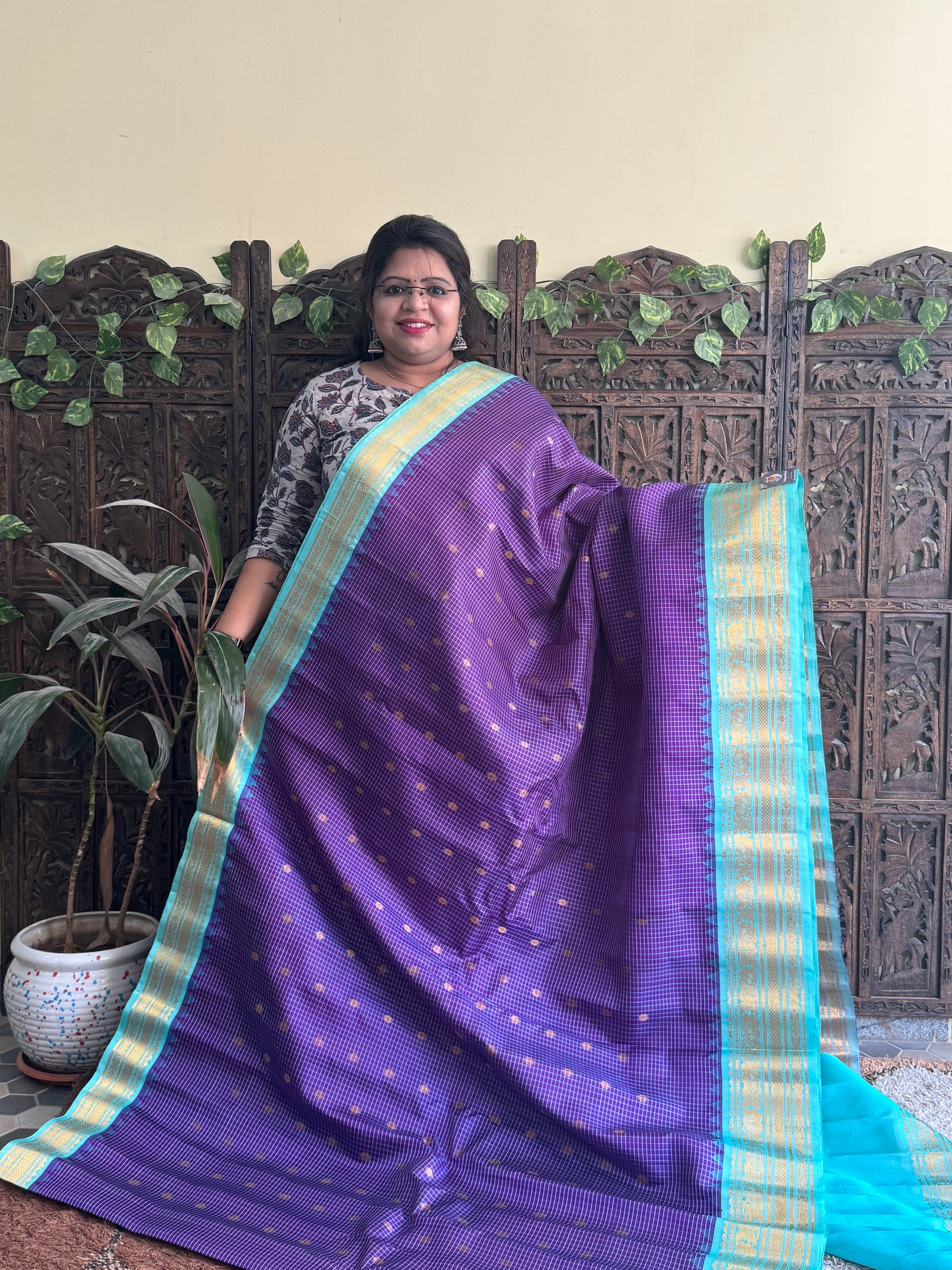 Gadwal Silk Saree Violet Colored Complemented With a Sea Blue Zari Border - Sampradaya Designer Studio