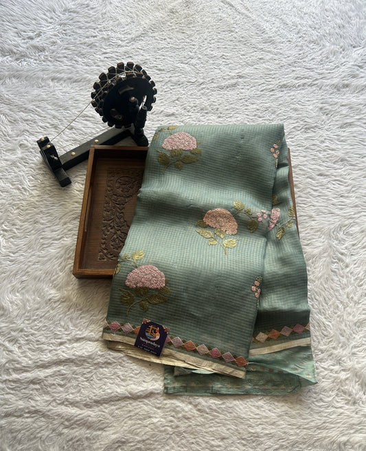 Banarasi Kora Saree Sea Green Colored Complemented with a Embroidered Border. - Sampradaya Designer Studio