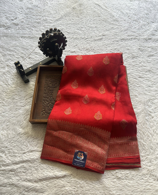 Banarasi Tussar Georgette Saree Red Colored Exquisite Zari Border. - Sampradaya Designer Studio