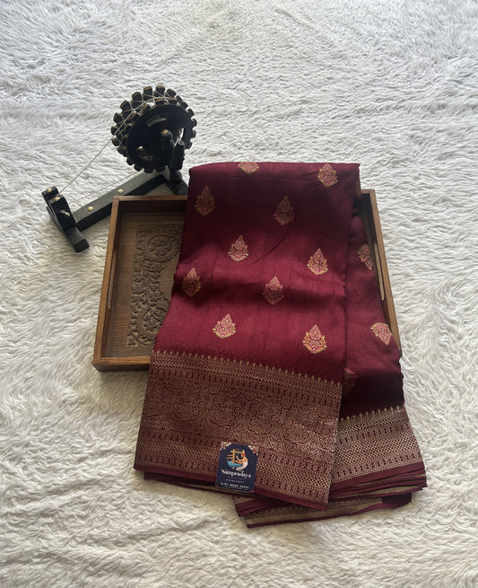 Banarasi Tussar Georgette Saree Burgundy Colored Exquisite Zari Border. - Sampradaya Designer Studio